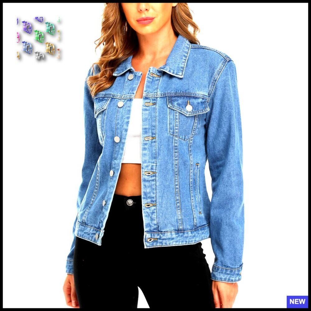 Denim Jacket Button Up Long Sleeve Classic Trendy Jean Coat with Pockets